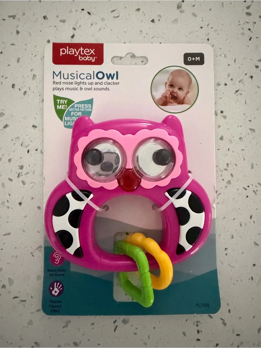 Playtex Baby Musical Owl Rattle Toy - Pink with Yellow & Green Rings